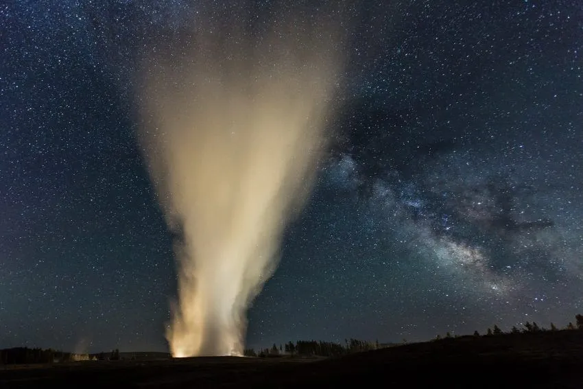 Milky Way and Aurora Experience at Yellowstone National Park Old Faithful and Milky Way