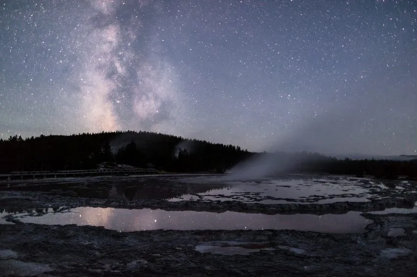 Milky Way and Aurora Experience at Yellowstone National Park Milky Way reflecting in the pool of Great Fountain Geyser
