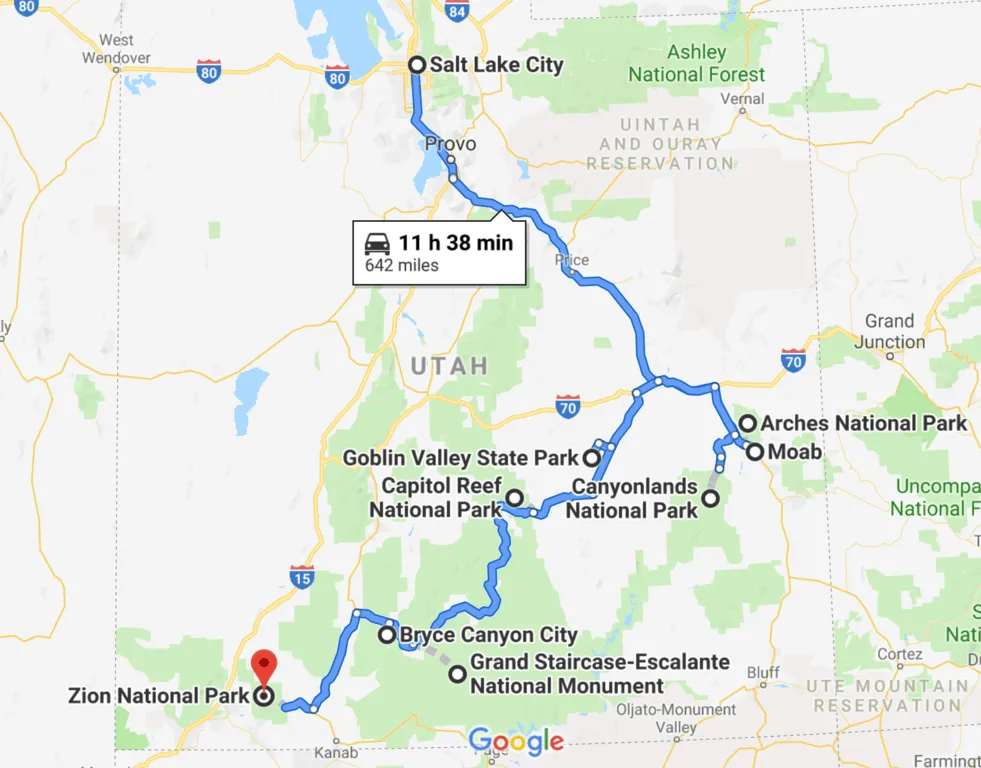 Salt Lake City to Zion National Park